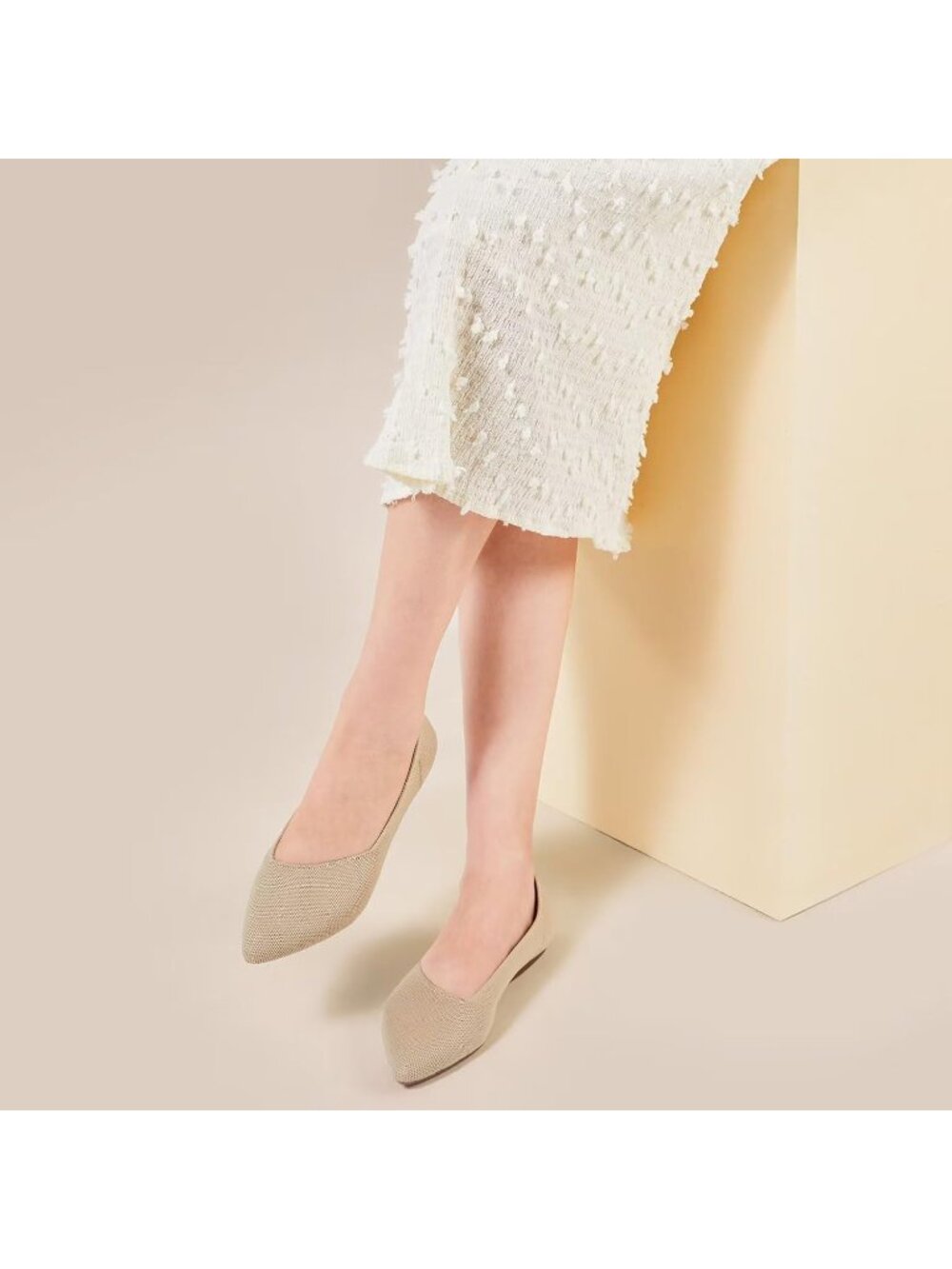 Women's Ecru Comfort Pointed Toe Softable Pull On Knit Dress Casual Flat Shoes - Picture 4 of 6
